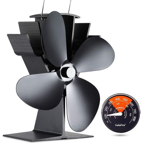 Ventilateur de poêle à bois alimenté par la chaleur à 4 pales + thermomètre magnétique, 50 °C, ventilateur de cheminée écologique non électrique pour poêles à gaz/pellets/bûches/bois (1/4)