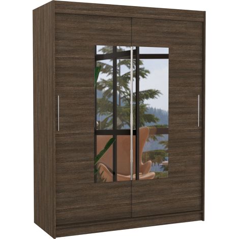 Armoire de chambre 2 portes coulissantes marron et miroir Dova 150cm (1/5)