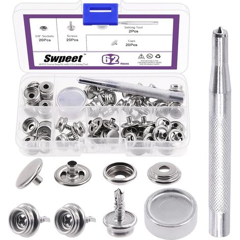 62-piece Canvas Snap Kit, marine-grade stainless steel canvas and padded boat cover snap button fastener kit, includes a 3/8-inch 13mm metal screw cap sleeve (1/5)
