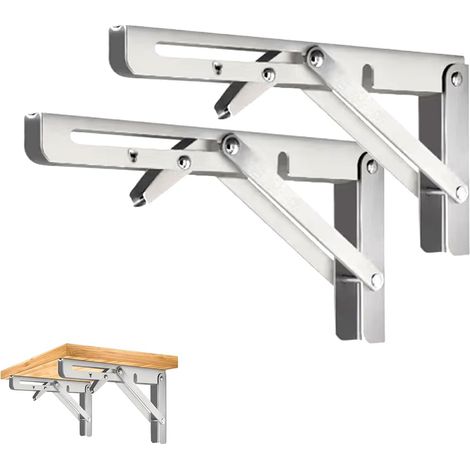 Lot de 2 consoles pliantes - 300 mm - En acier inoxydable robuste - Angle de pliage à 90 ° - Peu encombrant - Étagère pliable pour bureau, garage, table, maison, cuisine (argent 300 (1/5)