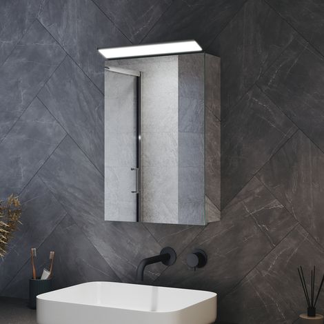 SIRHONA Armoires murales de salle de bain avec miroir lumineux 8K et charnières hydrauliques, porte simple 360x520mm en acier inoxydable (1/5)