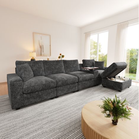 Sofá rinconero modular con otomana, 5-6 plazas, 313 x 147 x 82 cm, chenilla gris OKMYHOME (1/5)