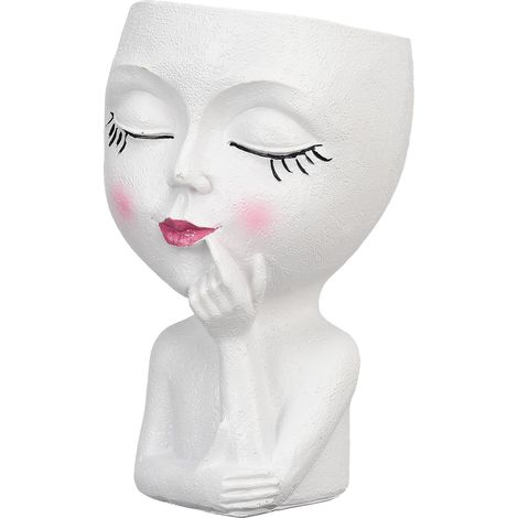 Pot de fleurs décoratif en résine, motif visage féminin stylisé, design moderne et élégant pour intérieur, couleur blanche (1/5)