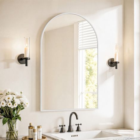Miroir Mural en Arche 91x61cm, Verre Trempé Incassable de Salle de Bain, Cadre en Aluminium, Miroir Décoratif Suspendu pour Chambre Entrée - Blanc (1/5)