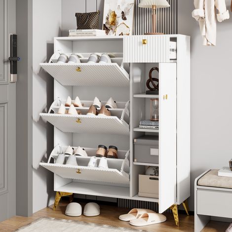 Meuble à Chaussures Blanc 90 x 25 x 121 cm - 3 Abattants & 1 Porte pour Bottes - Capacité 20-25 Paires - Design Ondulé avec Poignées Métal
