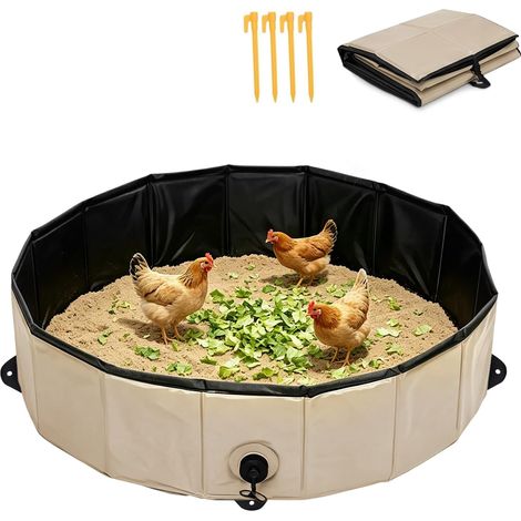 Bain à poussière pour poules - 80 x 20 cm - Pliable - En PVC robuste - Avec 4 ancrages au sol - Bac à sable portable pour poulailler - Accessoires de poulailler - Facile à nettoyer (1/5)
