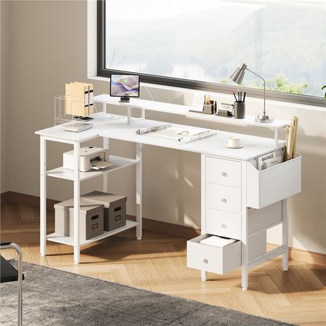 Yaheetech Scrivania per Computer a Forma di L con Prese di Corrente Scrivania Angolare per Ufficio con Supporto per Monitor Scaffale Laterale e 4 Casetti 140 cm Bianco