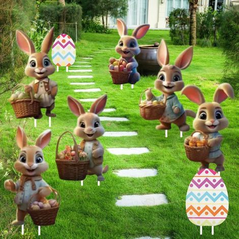 Set di 8 paletti da giardino a forma di coniglietto pasquale per uso esterno, paletti a forma di uovo di Pasqua, resistenti alle intemperie, decorazione da giardino per prato, cortile, decorazione pri (1/5)