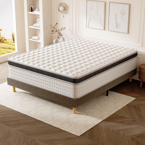 DEWINNER 140×190 cm Ensemble lit, Sommier tapissier Marron à 9 Pieds + Matelas Hybride Blanc 25 cm avec Ressorts ensachés et Mousse à mémoire, Fermeté Moyenne, Certifié Oeko‑TEX (1/5)