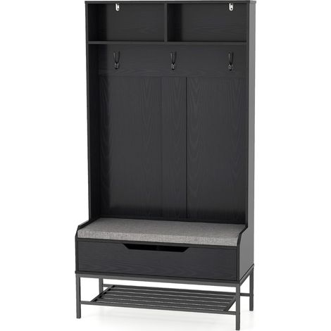 Appendiabiti da ingresso con cuscino per seduta e scomparti aperti, Appendiabiti 4-in-1 con stoccaggio per scarpe Nero (1/5)