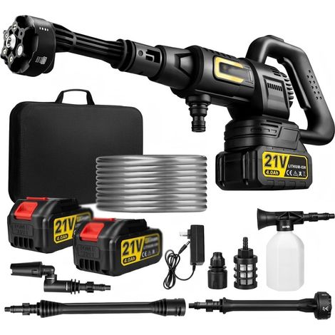 Nettoyeur Haute Pression sans Fil, Pressure Washer 3 Modes Max 65 Bars, Nettoyeur Haute Pression Mobile avec 2 Batteries 4,0 Ah, Buse Pivotante 6 en 1 Et 180°,Tuyau De 5 M,Nettoyage Arrosage