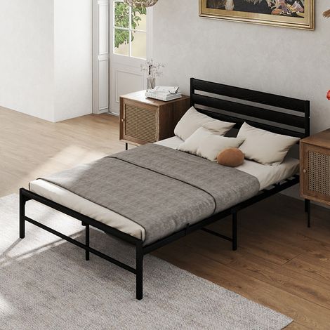 Letto matrimoniale 140x200 cm nero in metallo e MDF con testiera confortevole (1/5)