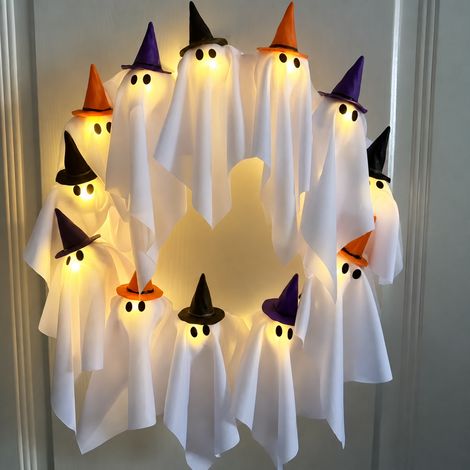 Couronne lumineuse fantôme avec chapeau (chapeau à coller par le client), suspension déco Halloween 37 × 37 × 7 cm 600 g – Livraison gratuite