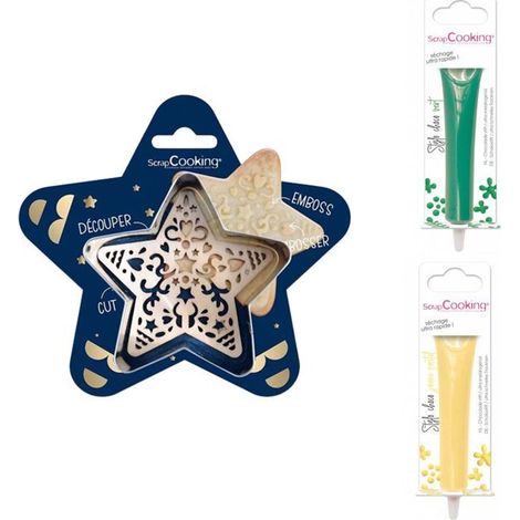 Kit pour biscuit en relief Étoile + 2 Stylos au chocolat vert et jaune pastel (1/2)