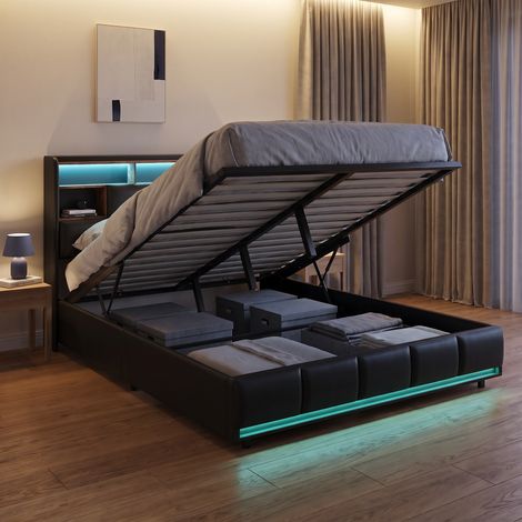 Lit coffre double 160x200 cm avec LED et ports USB, lit adulte avec  sommier, tête de Lit avec rangement, style moderne, Noir (1/5)