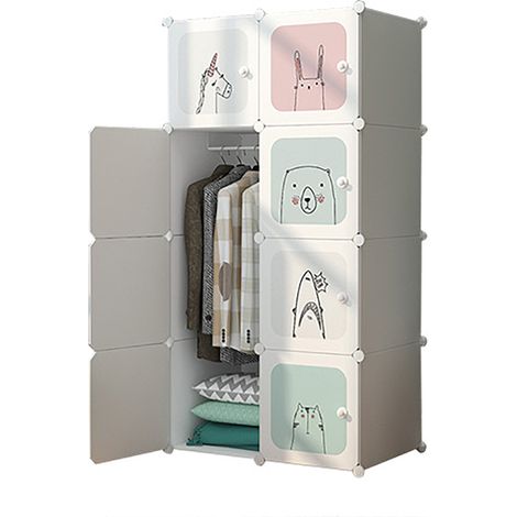 Meuble Rangement Enfant 8 Cubes, Armoire Modulable avec Portes, Étagère en Plastique, pour Jouets, Vêtements, Chaussures, Sacs d'École, 75x47x147CM, blanc (1/5)