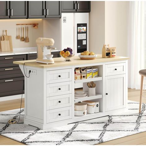 Buffet de cuisine 150 x 65 x 75,5 cm, 5 tiroirs, prises USB, blanc et bois HAVRYA (1/5)