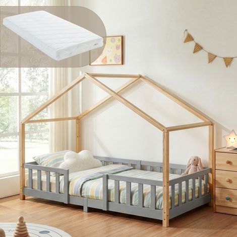 Kinderbett Treviolo 90x200 cm mit Kaltschaummatratze und Gitter Hellgrau / Weiß [en.casa] (1/5)