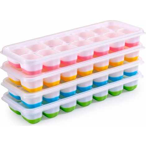 Juego de 4 bandejas de silicona para cubitos de hielo con tapa, apilables, seguras y saludables para cócteles y whisky. (1/5)