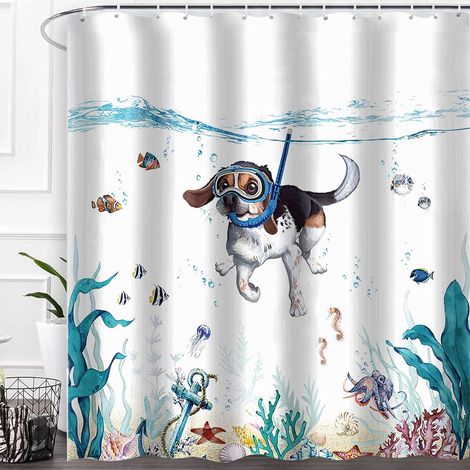 Rideau de douche Chien plongeur 180x180cm, motif chien plongeur, animaux marins, poissons et algues, imperméable, résistant, en polyester lavable. Accessoires de salle de bain modernes. Comprend 12 an (1/5)