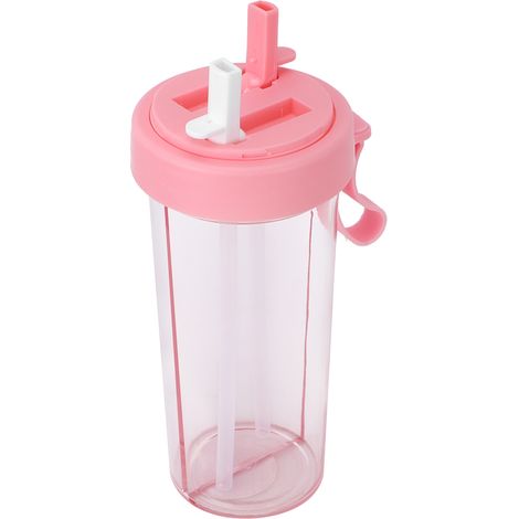 Gourde portable 600 ml avec deux pailles, double usage, idéale pour les voyages et le sport en extérieur (rose). (1/5)