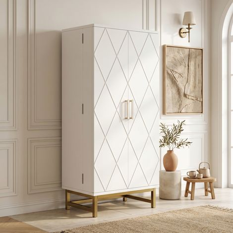 Garde‑manger et Buffet – Meuble de cuisine – Adapté aux petits espaces de salle à manger et de séjour – Étagères réglables – 60 × 40 × 130 cm – Blanc et Or (1/5)