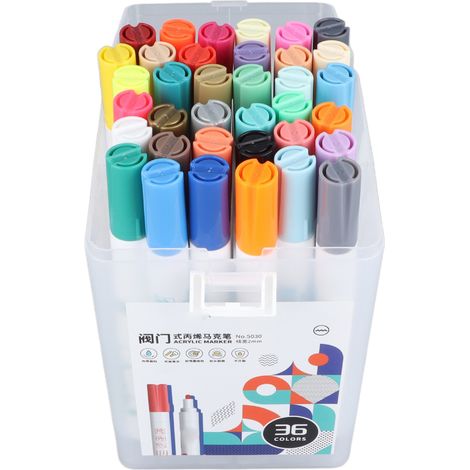 Lot de 36 marqueurs acryliques à pointe fine 2mm, couleurs vives, étanches et séchage rapide, idéaux pour graffiti et école. (1/5)