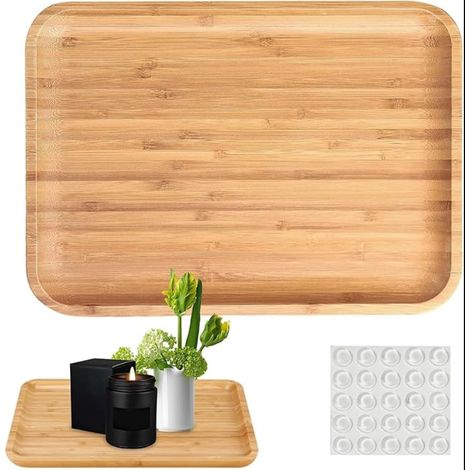 Plateau Repas Bois 30×20×2cm Tableau de Service Bambou Rectangulaire avec Tapis en Silicone Antidérapant pour Dîners Fêtes Cuisine Salle à Manger Snack Fruits (1/5)