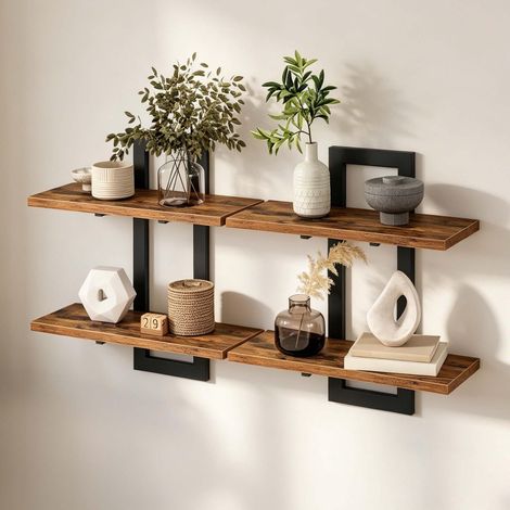 Wall Shelf Set of 2, MDF & Iron - Brown (1/5)
