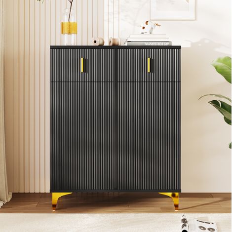 Credenza in truciolare nera con 2 ante, 2 cassetti, 2 ripiani regolabili e cerniere ammortizzate (1/5)