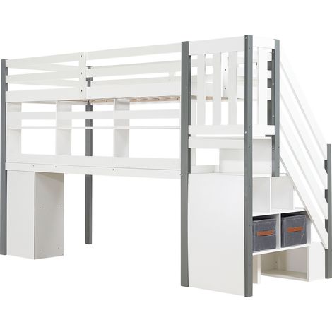 Letto a soppalco 90x200 cm con scrivania, contenitori e scala, legno, MDF, bianco e grigio (1/5)