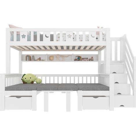 Lit mezzanine 90x200 avec bureau escamotable, escalier de rangement, barrières de sécurité et couchage enfant, blanc gain de place CHICFURN (1/5)