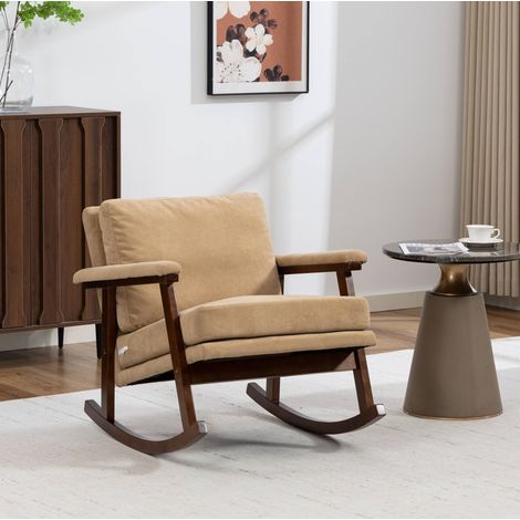 Poltrona a dondolo 84x61x24.5 cm marrone chiaro in velluto con cuscino lombare (1/5)