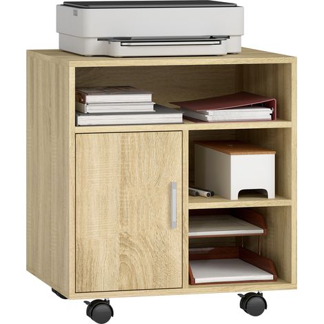 HOMCOM soporte para impresora con rudas, mueble para impresora con estantes abiertos, puerta, espacio amplio de almacenaje, 60x50x65,5cm, natural