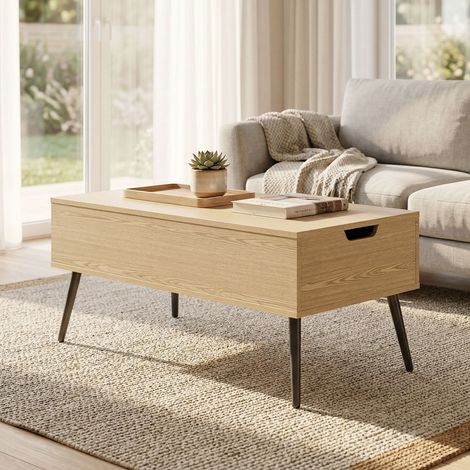 Mesa de centro elevable con doble tablero, mesa de salón con compartimento oculto y patas metálicas, madera natural.