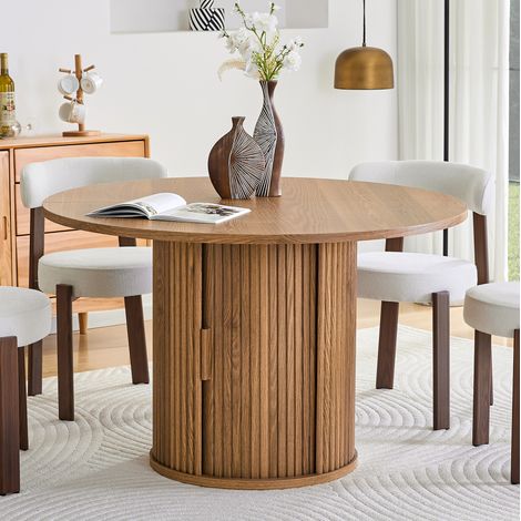 REDOM - Table à manger ronde, pour 4 à 6 personnes, double rangement, style campagnard, bois synthétique noyer (1/5)