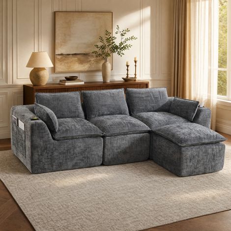 Modulares 3-Sitzer-Sofa mit Hocker, Kissen, Becherhalter, dunkelgrau, Chenille HAVRYA (1/5)