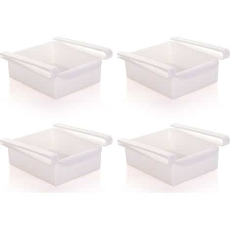 Lot de 4 organisateurs de tiroir de réfrigérateur rétractables, boîtes de rangement avec compartiments coulissants au design unique, support de rangement pour étagère de réfrigérateur.