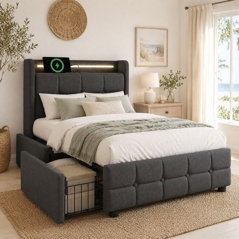 Letto per adulti 90x200 cm con prese USB, illuminazione LED e 2 cassetti, grigio, senza materasso (1/5)