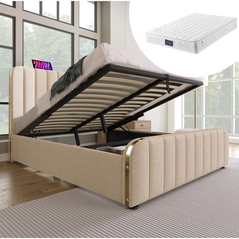 lit adulte coffre rangement USB Type C 140x200 lin beige OKMYHOME (1/5)