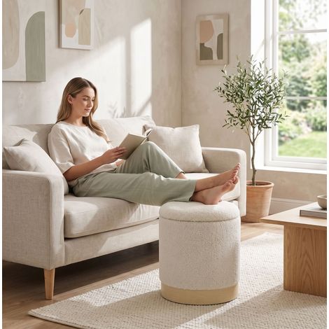 Pouf contenitore rotondo 38 cm, rivestimento sherpa, seduta e poggiapiedi, bianco crema HAVRYA (1/4)