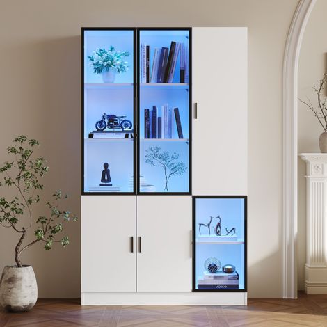 Vitrine 120 x 35 x 200 cm - portes vitrées - 6 portes - avec éclairage LED - panneaux de particules+verre trempé - blanc (1/5)