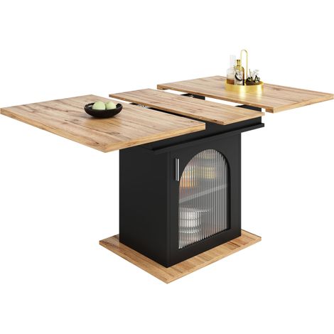 Mesa de comedor extensible para 6 a 8 personas con estantes de almacenaje ajustables en MDF y vidrio negro (1/5)