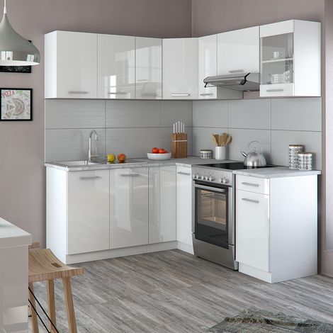 Cocina esquinera Rick, Blanco/blanco alto brillo, 187 x 167 cm , ET Mármol con tira de LED, Vicco