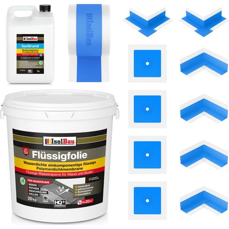 IsolBau Dichtset 708B Lámina líquida 20 kg Isogrund 5 L Cinta de 20 m 4 x Esquina 4 x Puño (1/5)