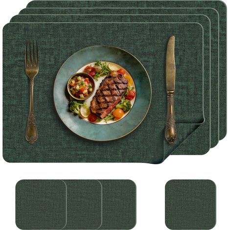 Sets de Table Lavables et Dessous de Verre en Similicuir, Lot de 4 Dessous de Table pour la Cuisine, la Salle à Manger et Le Bureau, Vert, 43 x 30 cm (1/5)