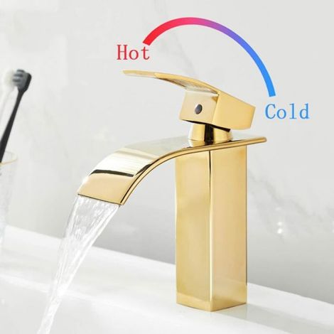 Robinet de lavabo, robinet de salle de bain monotrou moderne avec bec cascade, couleur or (1/4)