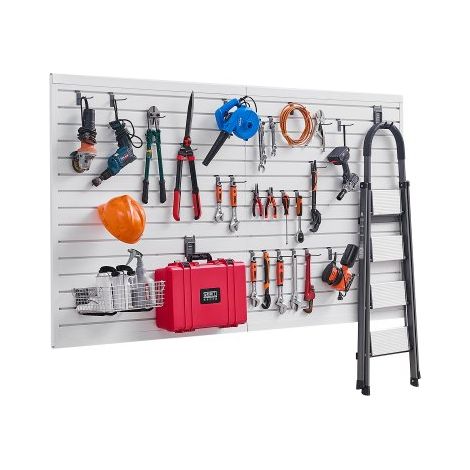 Werkzeugwand 1225x2450x20mm, PVC-Garagen-Lamellenwand mit Zubehör, 136 kg, weißer Wandorganizer, Lamellenwandpaneel mit Verbindungsstruktur & DIY-Zuschnitt, geeignet für Lagerung & Präsentation (1/5)