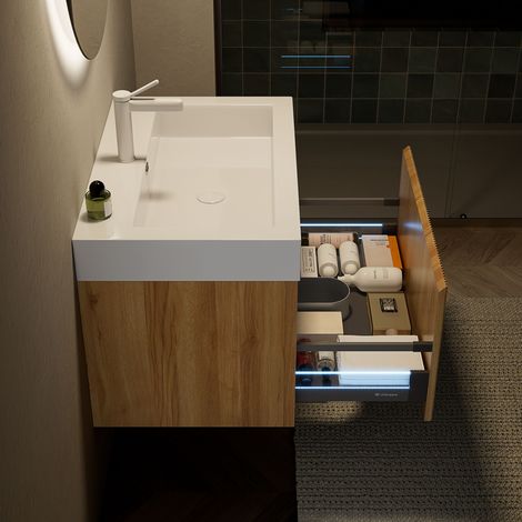 Meuble Vasque 55x31x66,5 cm avec Vasque Résine Blanc Brillant - Tiroir à Fermeture Amortie avec LED - Structure Contreplaqué - Chêne (1/5)