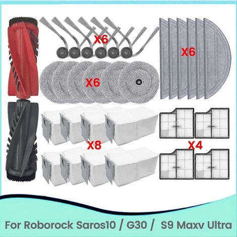 Lot de 32 pièces pour aspirateur Roborock Saros10 /G30 /S9 Maxv Ultra : brosse principale, filtre et lingette de nettoyage.